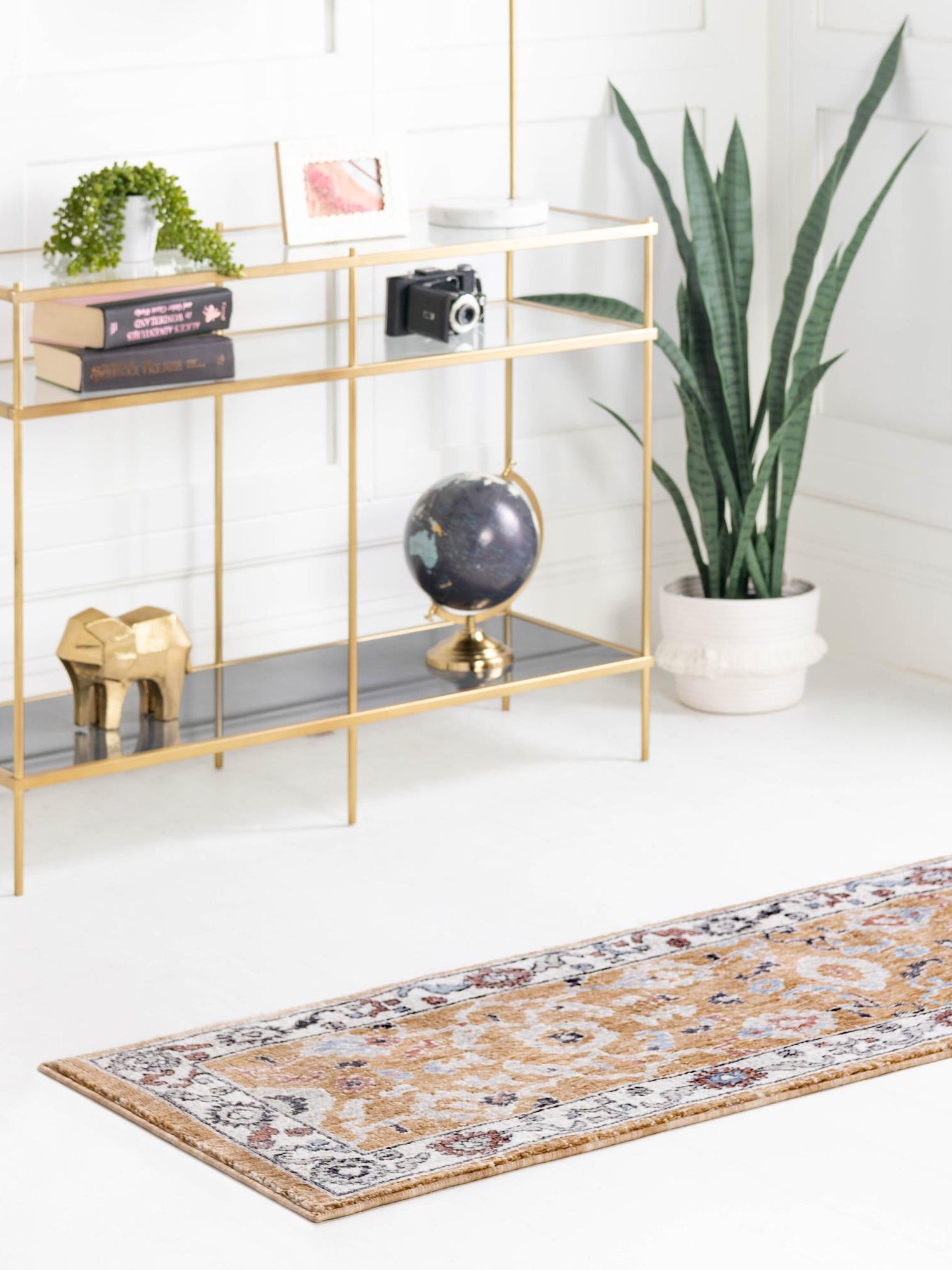 Almond Beige 2' x 6' Eco Traditional Runner Area Rug 100% Recycled Space Dyed Polyester With Cotton Backing Classic Pattern Carpet for Living, Dining, Office Space for Sale at Rug Engine