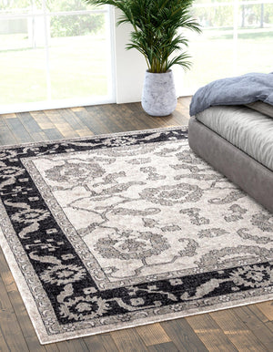 Ivory Gray 5' 3 x 8' Eco Traditional Rectangle Area Rug 100% Recycled Space Dyed Polyester With Cotton Backing Classic Pattern Carpet for Living, Dining, Office Space for Sale at Rug Engine