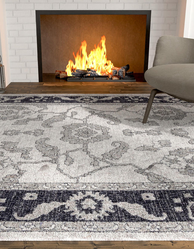 Ivory Gray 2' x 3' Eco Traditional Rectangle Area Rug 100% Recycled Space Dyed Polyester With Cotton Backing Classic Pattern Carpet for Living, Dining, Office Space for Sale at Rug Engine