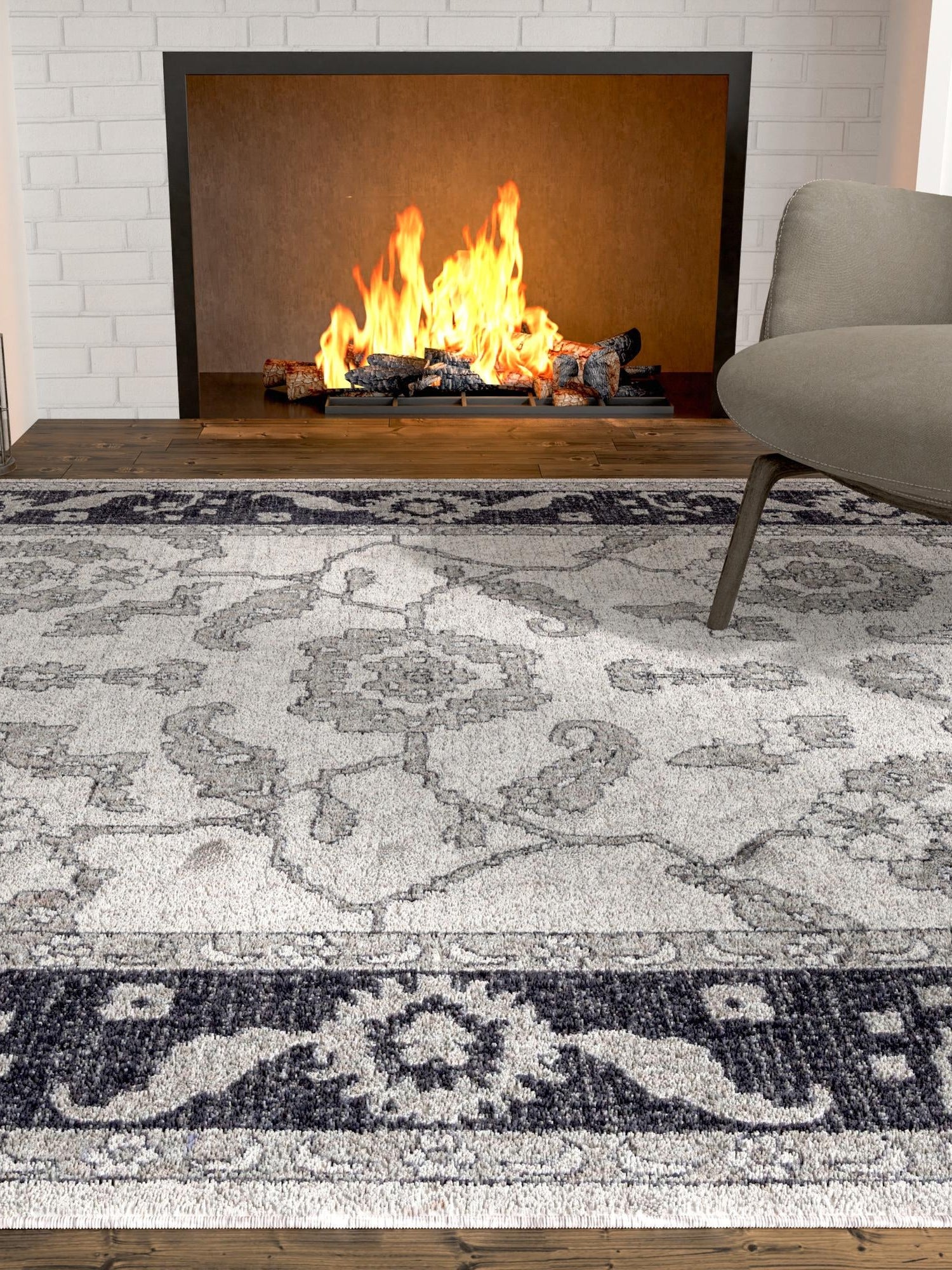 Ivory Gray 4' x 6' Eco Traditional Rectangle Area Rug 100% Recycled Space Dyed Polyester With Cotton Backing Classic Pattern Carpet for Living, Dining, Office Space for Sale at Rug Engine