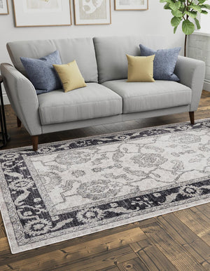 Ivory Gray 5' 3 x 8' Eco Traditional Rectangle Area Rug 100% Recycled Space Dyed Polyester With Cotton Backing Classic Pattern Carpet for Living, Dining, Office Space for Sale at Rug Engine