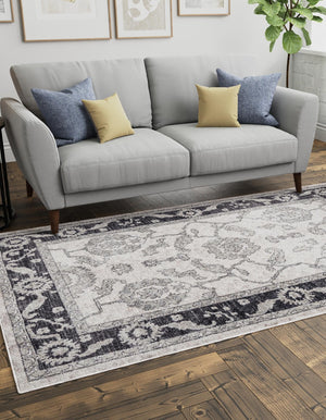 Ivory Gray 7' 10 x 10' Eco Traditional Rectangle Area Rug 100% Recycled Space Dyed Polyester With Cotton Backing Classic Pattern Carpet for Living, Dining, Office Space for Sale at Rug Engine