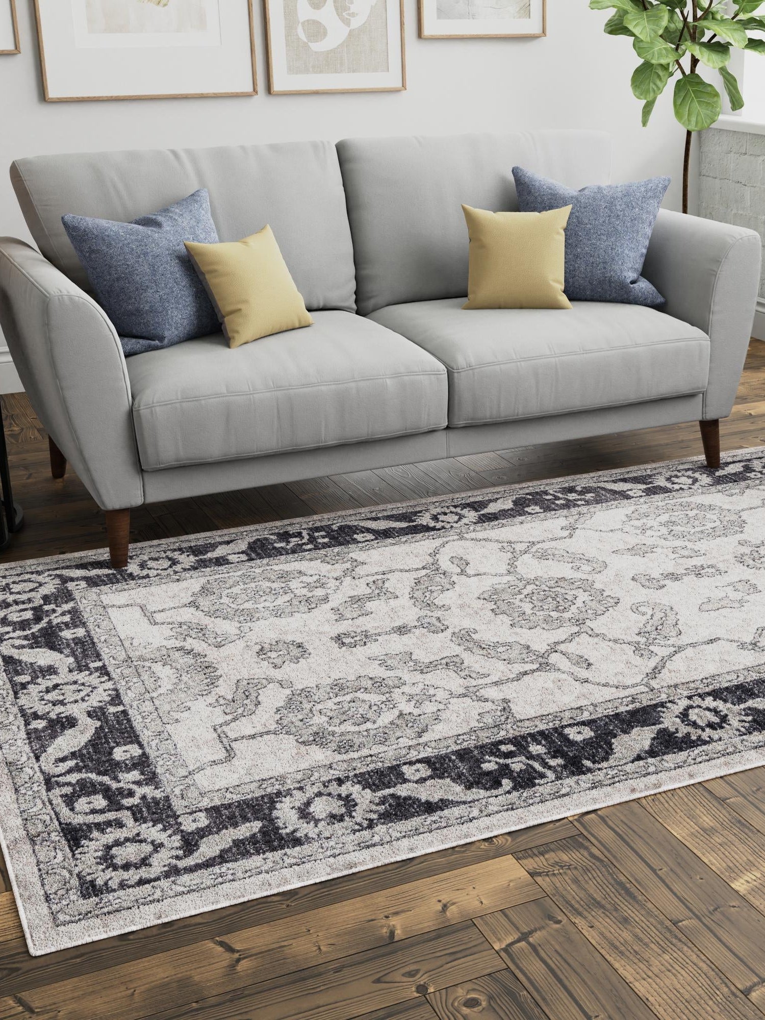 Ivory Gray 2' x 3' Eco Traditional Rectangle Area Rug 100% Recycled Space Dyed Polyester With Cotton Backing Classic Pattern Carpet for Living, Dining, Office Space for Sale at Rug Engine