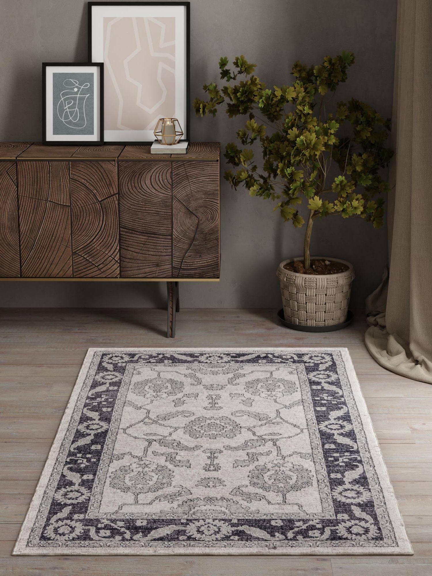 Ivory Gray 5' 3 x 8' Eco Traditional Rectangle Area Rug 100% Recycled Space Dyed Polyester With Cotton Backing Classic Pattern Carpet for Living, Dining, Office Space for Sale at Rug Engine