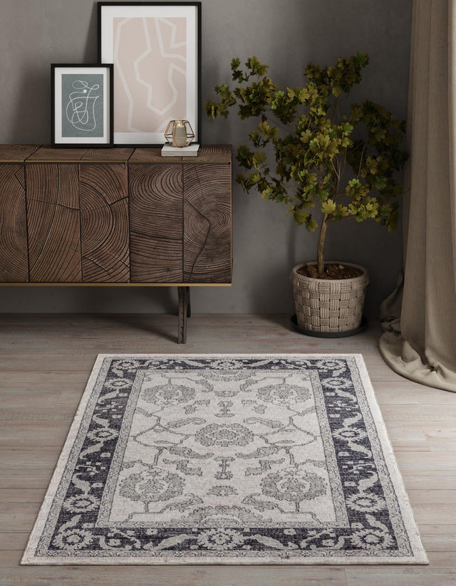 Ivory Gray 10' x 13' Eco Traditional Rectangle Area Rug 100% Recycled Space Dyed Polyester With Cotton Backing Classic Pattern Carpet for Living, Dining, Office Space for Sale at Rug Engine
