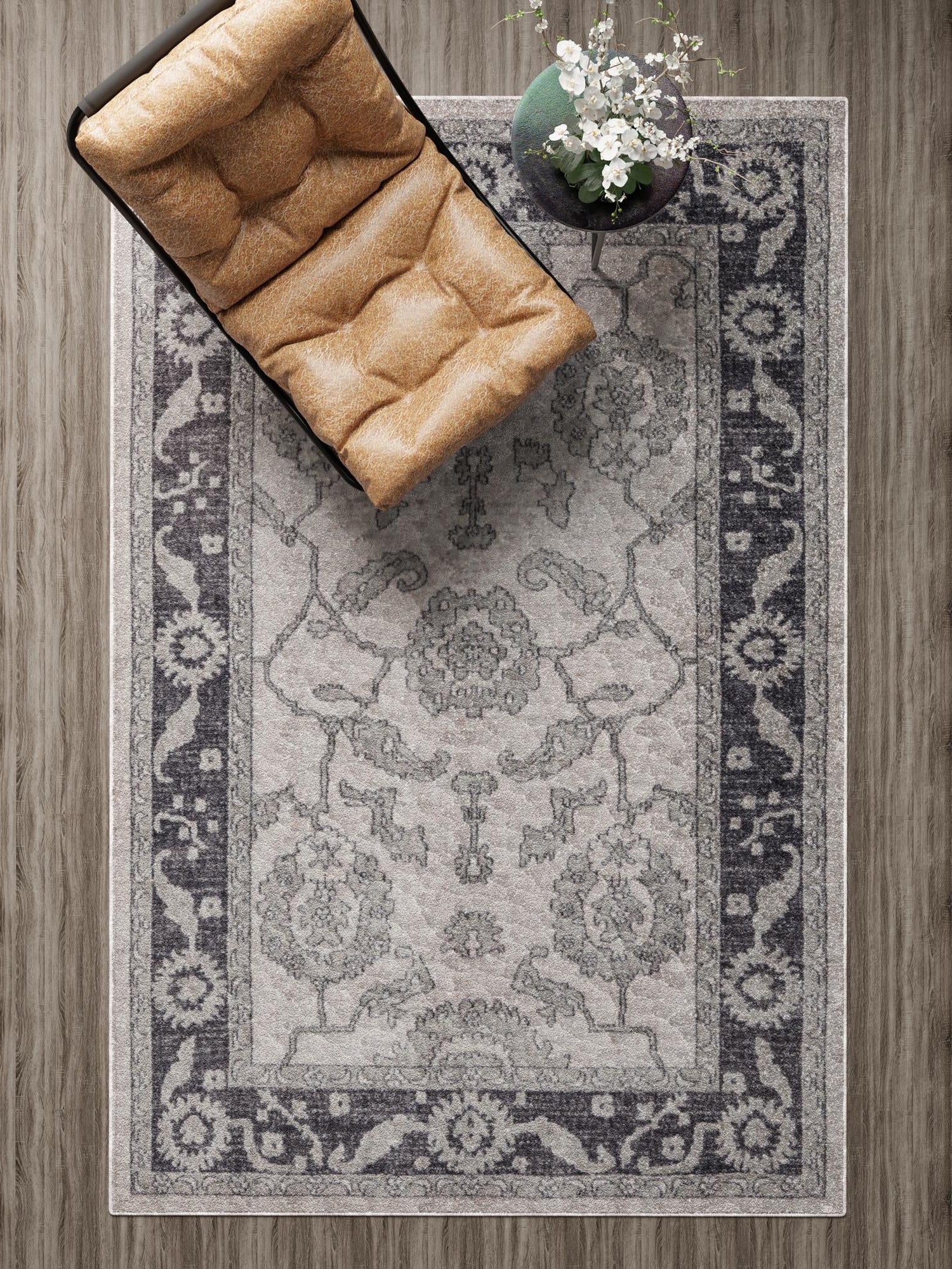 Ivory Gray 5' 3 x 8' Eco Traditional Rectangle Area Rug 100% Recycled Space Dyed Polyester With Cotton Backing Classic Pattern Carpet for Living, Dining, Office Space for Sale at Rug Engine
