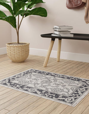 Ivory Gray 2' x 3' Eco Traditional Rectangle Area Rug 100% Recycled Space Dyed Polyester With Cotton Backing Classic Pattern Carpet for Living, Dining, Office Space for Sale at Rug Engine