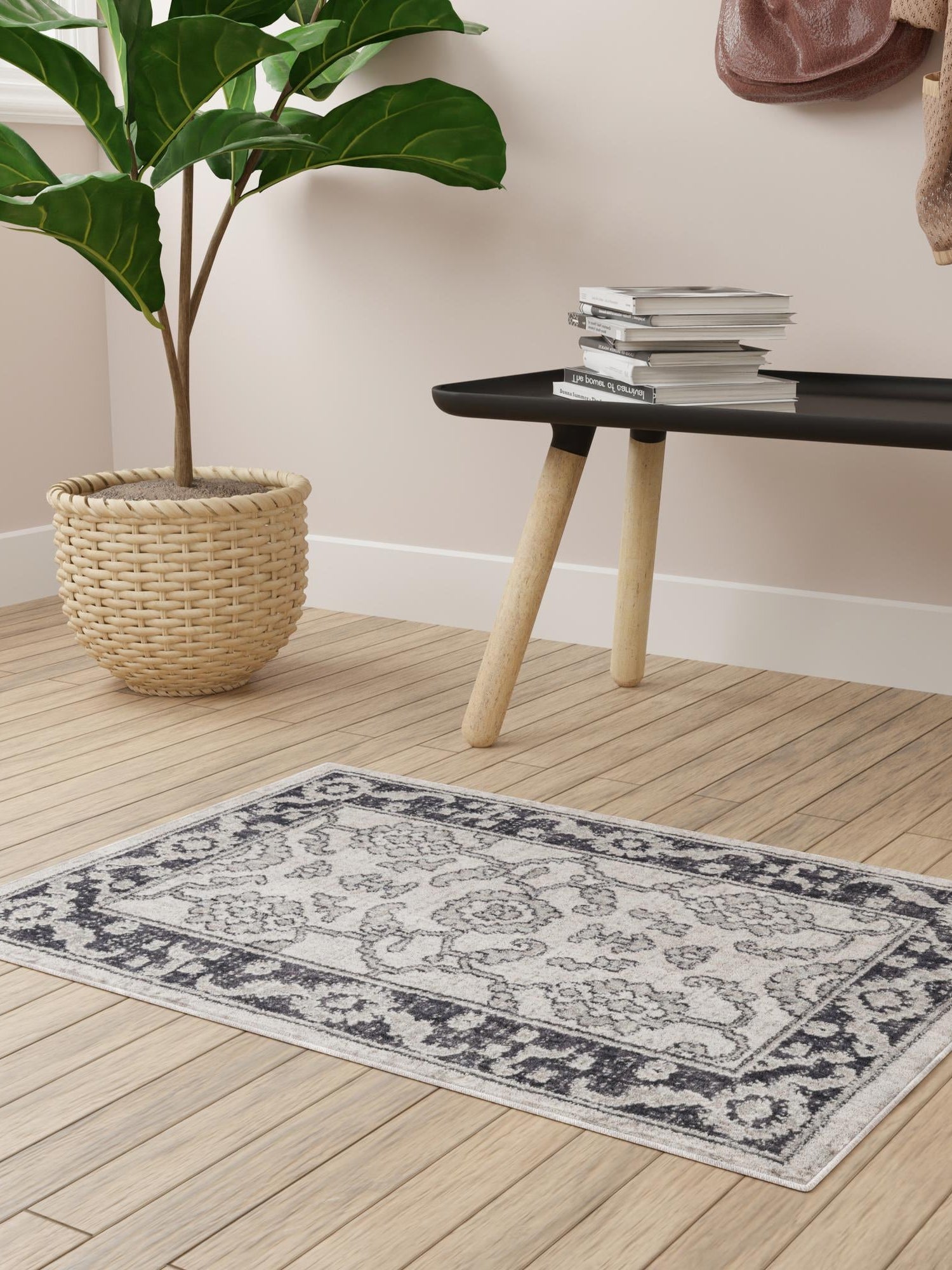 Ivory Gray 5' 3 x 8' Eco Traditional Rectangle Area Rug 100% Recycled Space Dyed Polyester With Cotton Backing Classic Pattern Carpet for Living, Dining, Office Space for Sale at Rug Engine