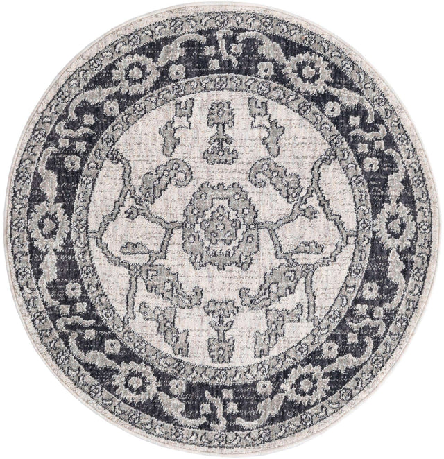 Ivory Gray 3' 3 x 3' 3 Eco Traditional Round Area Rug 100% Recycled Space Dyed Polyester With Cotton Backing Classic Pattern Carpet for Living, Dining, Office Space for Sale at Rug Engine