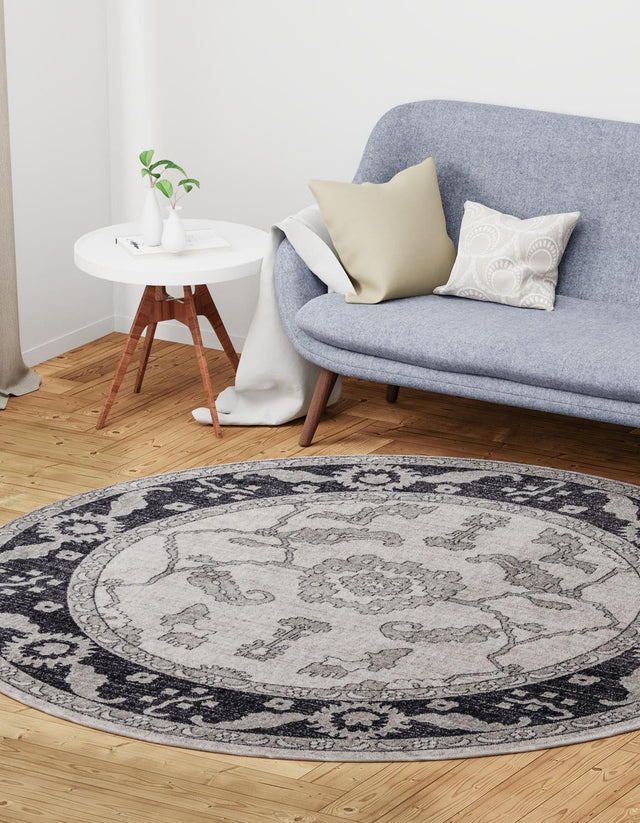 Ivory Gray 7' x 7' Eco Traditional Round Area Rug 100% Recycled Space Dyed Polyester With Cotton Backing Classic Pattern Carpet for Living, Dining, Office Space for Sale at Rug Engine