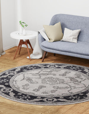 Ivory Gray 3' 3 x 3' 3 Eco Traditional Round Area Rug 100% Recycled Space Dyed Polyester With Cotton Backing Classic Pattern Carpet for Living, Dining, Office Space for Sale at Rug Engine