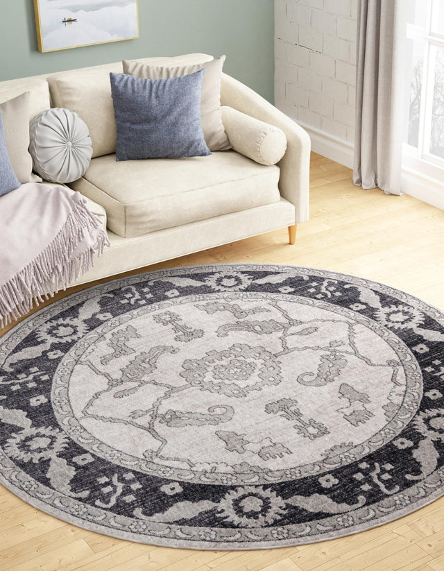 Ivory Gray 3' 3 x 3' 3 Eco Traditional Round Area Rug 100% Recycled Space Dyed Polyester With Cotton Backing Classic Pattern Carpet for Living, Dining, Office Space for Sale at Rug Engine