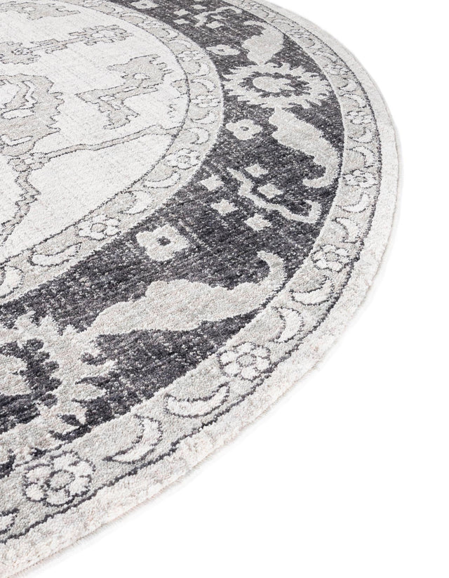 Ivory Gray 7' x 7' Eco Traditional Round Area Rug 100% Recycled Space Dyed Polyester With Cotton Backing Classic Pattern Carpet for Living, Dining, Office Space for Sale at Rug Engine