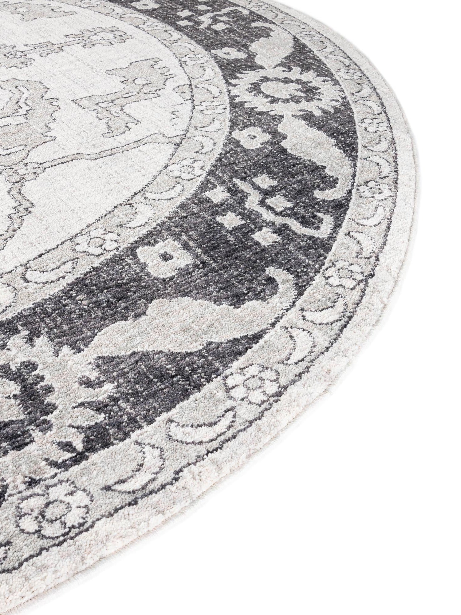 Ivory Gray 3' 3 x 3' 3 Eco Traditional Round Area Rug 100% Recycled Space Dyed Polyester With Cotton Backing Classic Pattern Carpet for Living, Dining, Office Space for Sale at Rug Engine