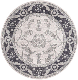 Ivory Gray 7' x 7' Eco Traditional Round Area Rug 100% Recycled Space Dyed Polyester With Cotton Backing Classic Pattern Carpet for Living, Dining, Office Space for Sale at Rug Engine