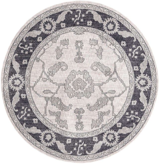 Ivory Gray 7' x 7' Eco Traditional Round Area Rug 100% Recycled Space Dyed Polyester With Cotton Backing Classic Pattern Carpet for Living, Dining, Office Space for Sale at Rug Engine