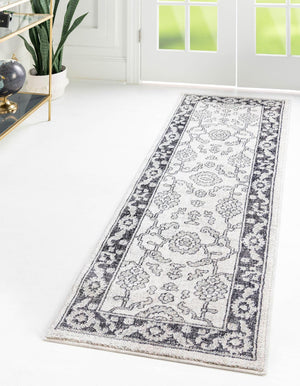 Ivory Gray 2' x 6' Eco Traditional Runner Area Rug 100% Recycled Space Dyed Polyester With Cotton Backing Classic Pattern Carpet for Living, Dining, Office Space for Sale at Rug Engine