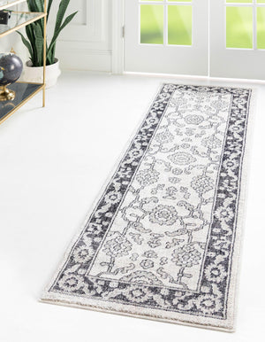 Ivory Gray 2' 7 x 12' Eco Traditional Runner Area Rug 100% Recycled Space Dyed Polyester With Cotton Backing Classic Pattern Carpet for Living, Dining, Office Space for Sale at Rug Engine
