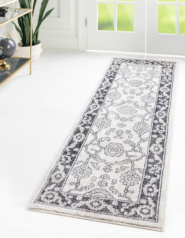 Ivory Gray 2' 7 x 12' Eco Traditional Runner Area Rug 100% Recycled Space Dyed Polyester With Cotton Backing Classic Pattern Carpet for Living, Dining, Office Space for Sale at Rug Engine