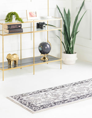 Ivory Gray 2' 7 x 12' Eco Traditional Runner Area Rug 100% Recycled Space Dyed Polyester With Cotton Backing Classic Pattern Carpet for Living, Dining, Office Space for Sale at Rug Engine