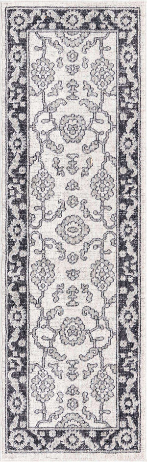 Ivory Gray 2' x 6' Eco Traditional Runner Area Rug 100% Recycled Space Dyed Polyester With Cotton Backing Classic Pattern Carpet for Living, Dining, Office Space for Sale at Rug Engine