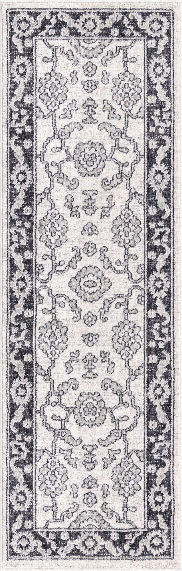 Ivory Gray 2' x 6' Eco Traditional Runner Area Rug 100% Recycled Space Dyed Polyester With Cotton Backing Classic Pattern Carpet for Living, Dining, Office Space for Sale at Rug Engine