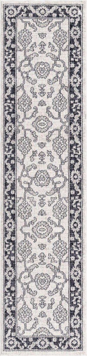 Ivory Gray 2' x 8' Eco Traditional Runner Area Rug 100% Recycled Space Dyed Polyester With Cotton Backing Classic Pattern Carpet for Living, Dining, Office Space for Sale at Rug Engine