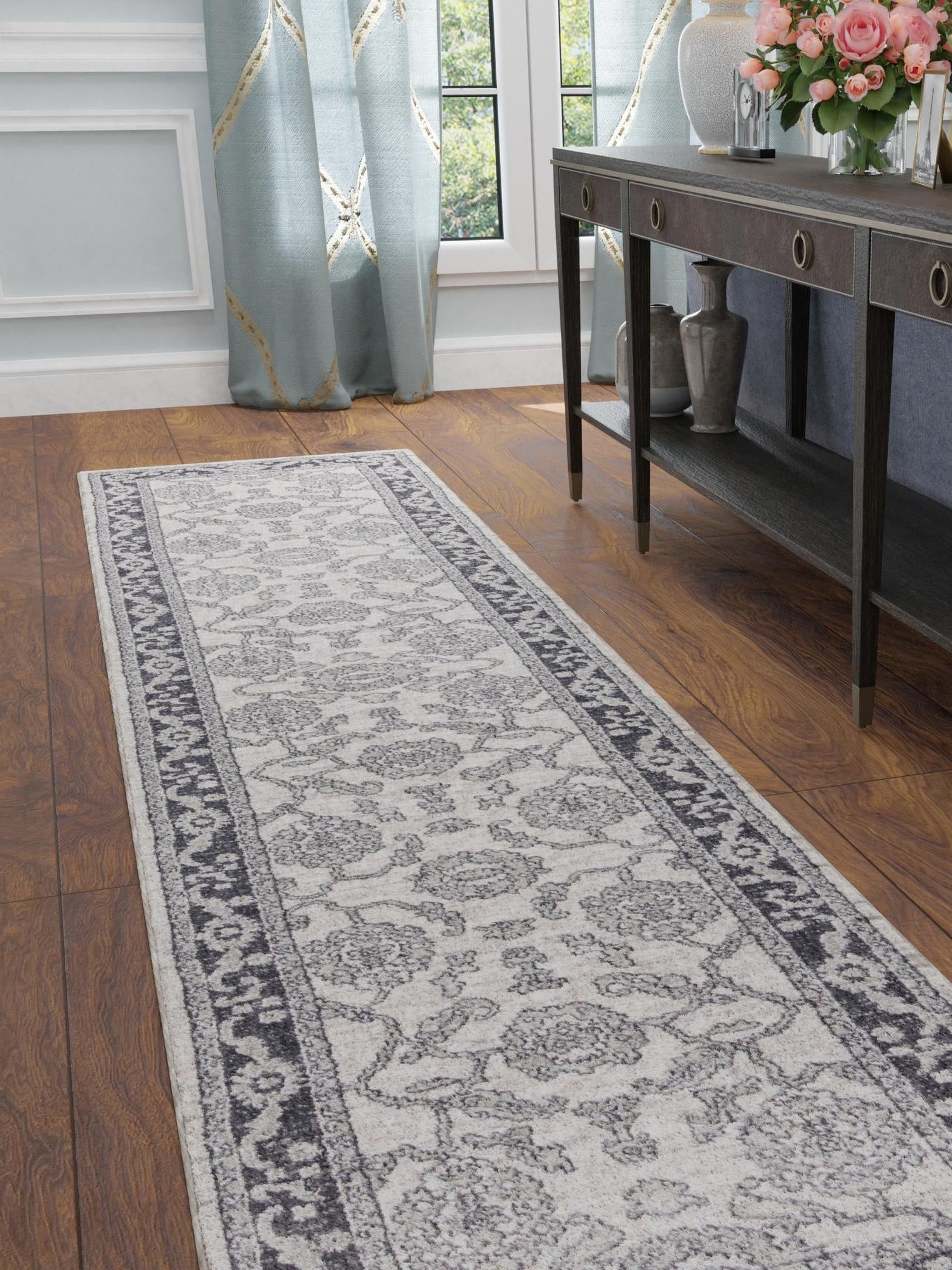 Ivory Gray 2' x 8' Eco Traditional Runner Area Rug 100% Recycled Space Dyed Polyester With Cotton Backing Classic Pattern Carpet for Living, Dining, Office Space for Sale at Rug Engine