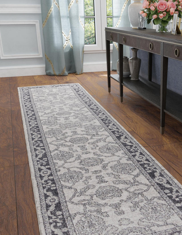 Ivory Gray 2' x 6' Eco Traditional Runner Area Rug 100% Recycled Space Dyed Polyester With Cotton Backing Classic Pattern Carpet for Living, Dining, Office Space for Sale at Rug Engine