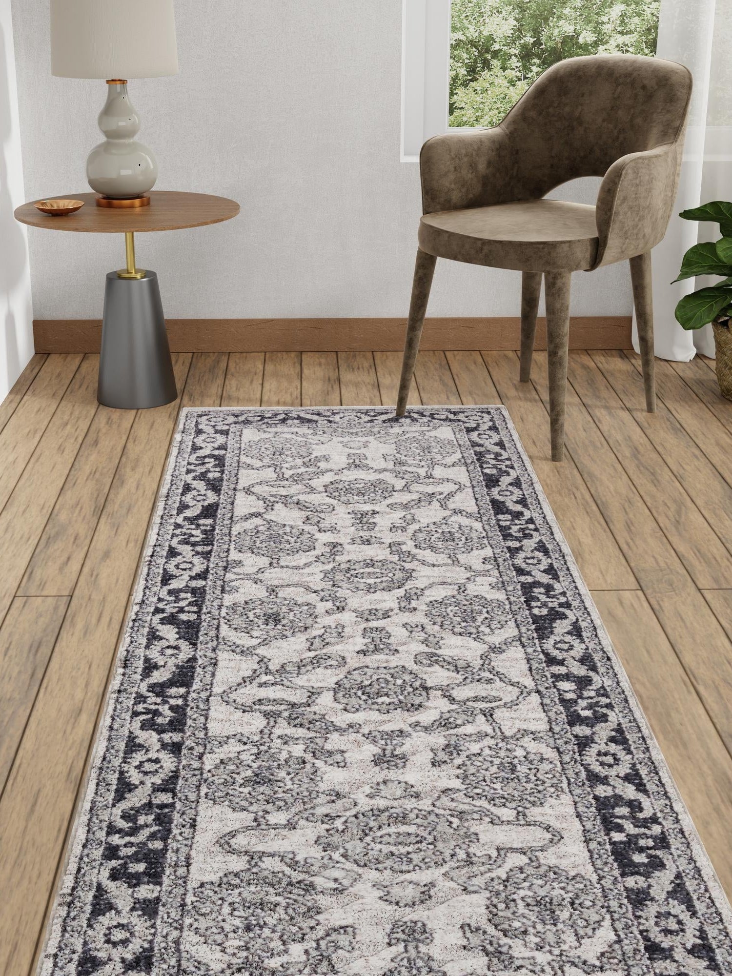 Ivory Gray 2' x 8' Eco Traditional Runner Area Rug 100% Recycled Space Dyed Polyester With Cotton Backing Classic Pattern Carpet for Living, Dining, Office Space for Sale at Rug Engine