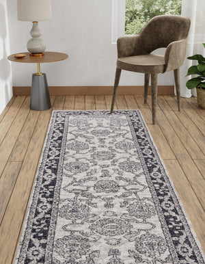 Ivory Gray 2' x 8' Eco Traditional Runner Area Rug 100% Recycled Space Dyed Polyester With Cotton Backing Classic Pattern Carpet for Living, Dining, Office Space for Sale at Rug Engine