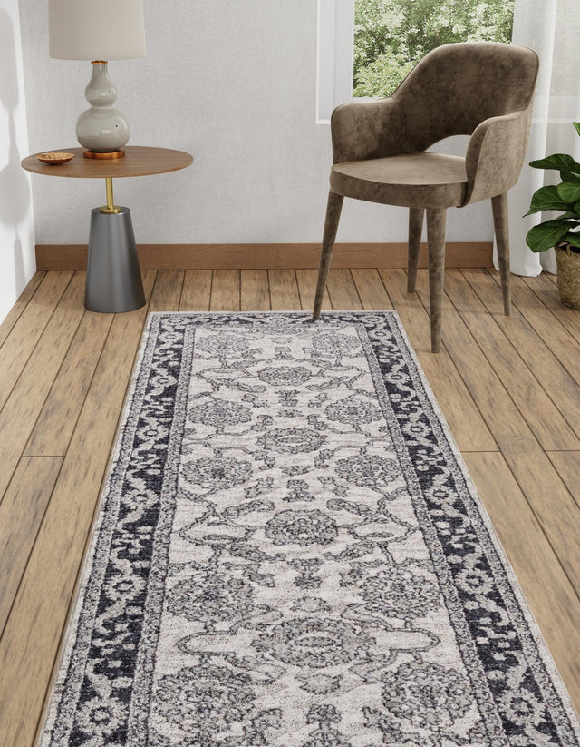 Ivory Gray 2' x 8' Eco Traditional Runner Area Rug 100% Recycled Space Dyed Polyester With Cotton Backing Classic Pattern Carpet for Living, Dining, Office Space for Sale at Rug Engine