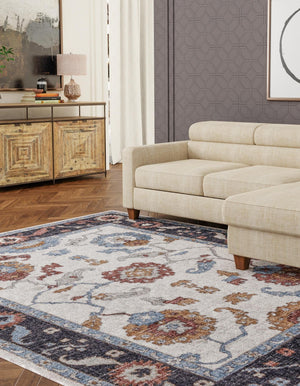 Ivory 4' x 6' Eco Traditional Rectangle Area Rug 100% Recycled Space Dyed Polyester With Cotton Backing Classic Pattern Carpet for Living, Dining, Office Space for Sale at Rug Engine