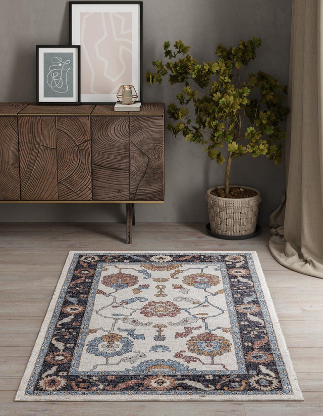 Ivory 7' 10 x 10' Eco Traditional Rectangle Area Rug 100% Recycled Space Dyed Polyester With Cotton Backing Classic Pattern Carpet for Living, Dining, Office Space for Sale at Rug Engine
