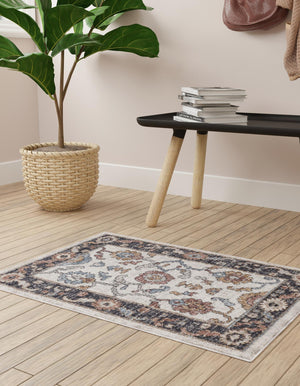 Ivory 2' x 3' Eco Traditional Rectangle Area Rug 100% Recycled Space Dyed Polyester With Cotton Backing Classic Pattern Carpet for Living, Dining, Office Space for Sale at Rug Engine