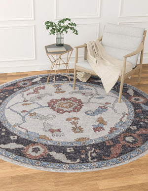 Ivory 7' x 7' Eco Traditional Round Area Rug 100% Recycled Space Dyed Polyester With Cotton Backing Classic Pattern Carpet for Living, Dining, Office Space for Sale at Rug Engine
