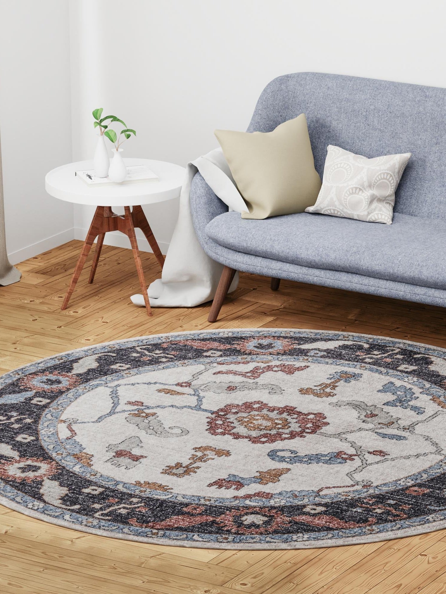 Ivory 7' x 7' Eco Traditional Round Area Rug 100% Recycled Space Dyed Polyester With Cotton Backing Classic Pattern Carpet for Living, Dining, Office Space for Sale at Rug Engine