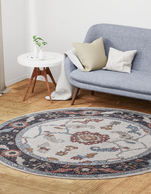 Ivory 7' x 7' Eco Traditional Round Area Rug 100% Recycled Space Dyed Polyester With Cotton Backing Classic Pattern Carpet for Living, Dining, Office Space for Sale at Rug Engine