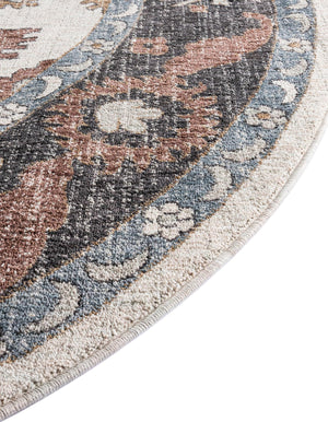 Ivory 7' x 7' Eco Traditional Round Area Rug 100% Recycled Space Dyed Polyester With Cotton Backing Classic Pattern Carpet for Living, Dining, Office Space for Sale at Rug Engine