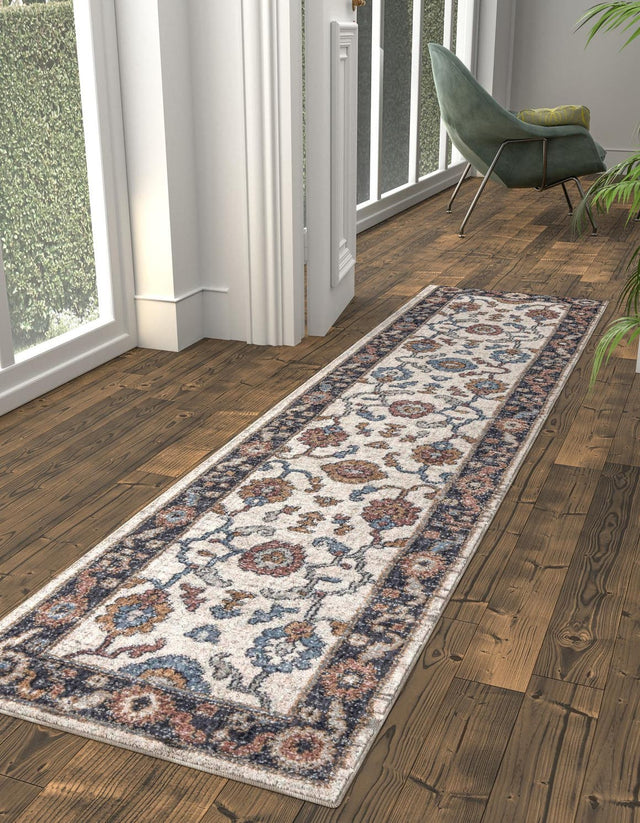 Ivory 2' x 8' Eco Traditional Runner Area Rug 100% Recycled Space Dyed Polyester With Cotton Backing Classic Pattern Carpet for Living, Dining, Office Space for Sale at Rug Engine