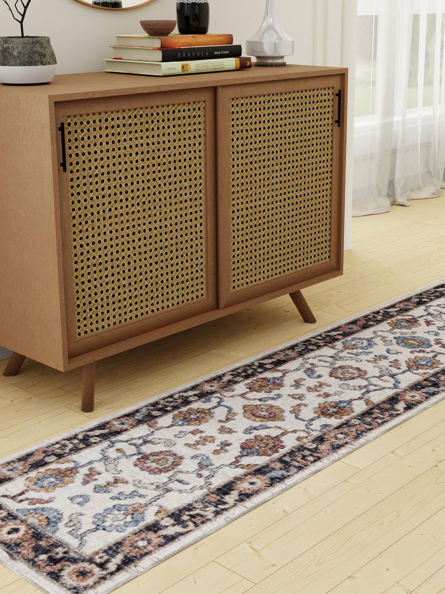Ivory 2' x 8' Eco Traditional Runner Area Rug 100% Recycled Space Dyed Polyester With Cotton Backing Classic Pattern Carpet for Living, Dining, Office Space for Sale at Rug Engine