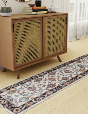 Ivory 2' 7 x 12' Eco Traditional Runner Area Rug 100% Recycled Space Dyed Polyester With Cotton Backing Classic Pattern Carpet for Living, Dining, Office Space for Sale at Rug Engine