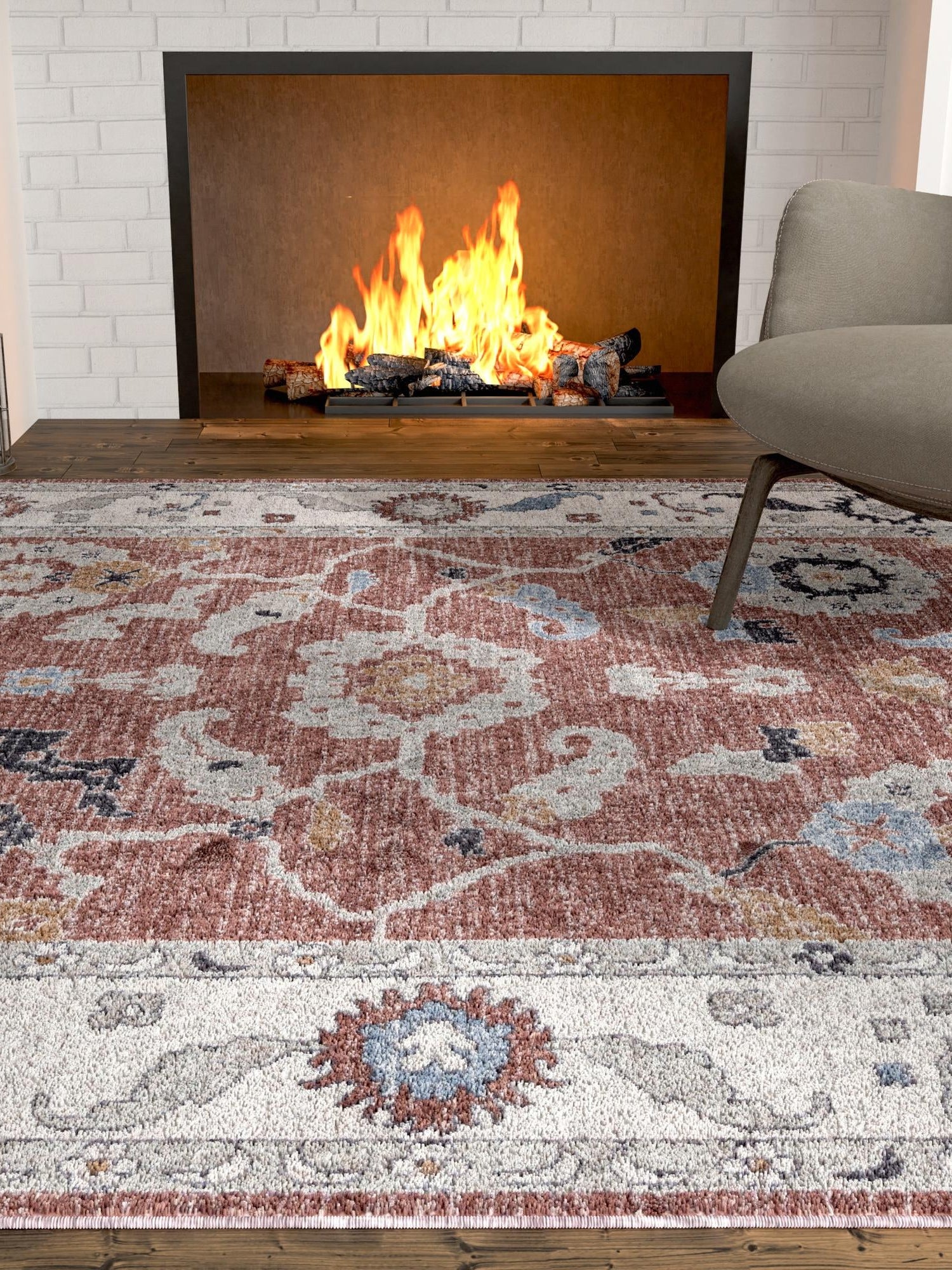 Dusty Rose 4' x 6' Eco Traditional Rectangle Area Rug 100% Recycled Space Dyed Polyester With Cotton Backing Classic Pattern Carpet for Living, Dining, Office Space for Sale at Rug Engine