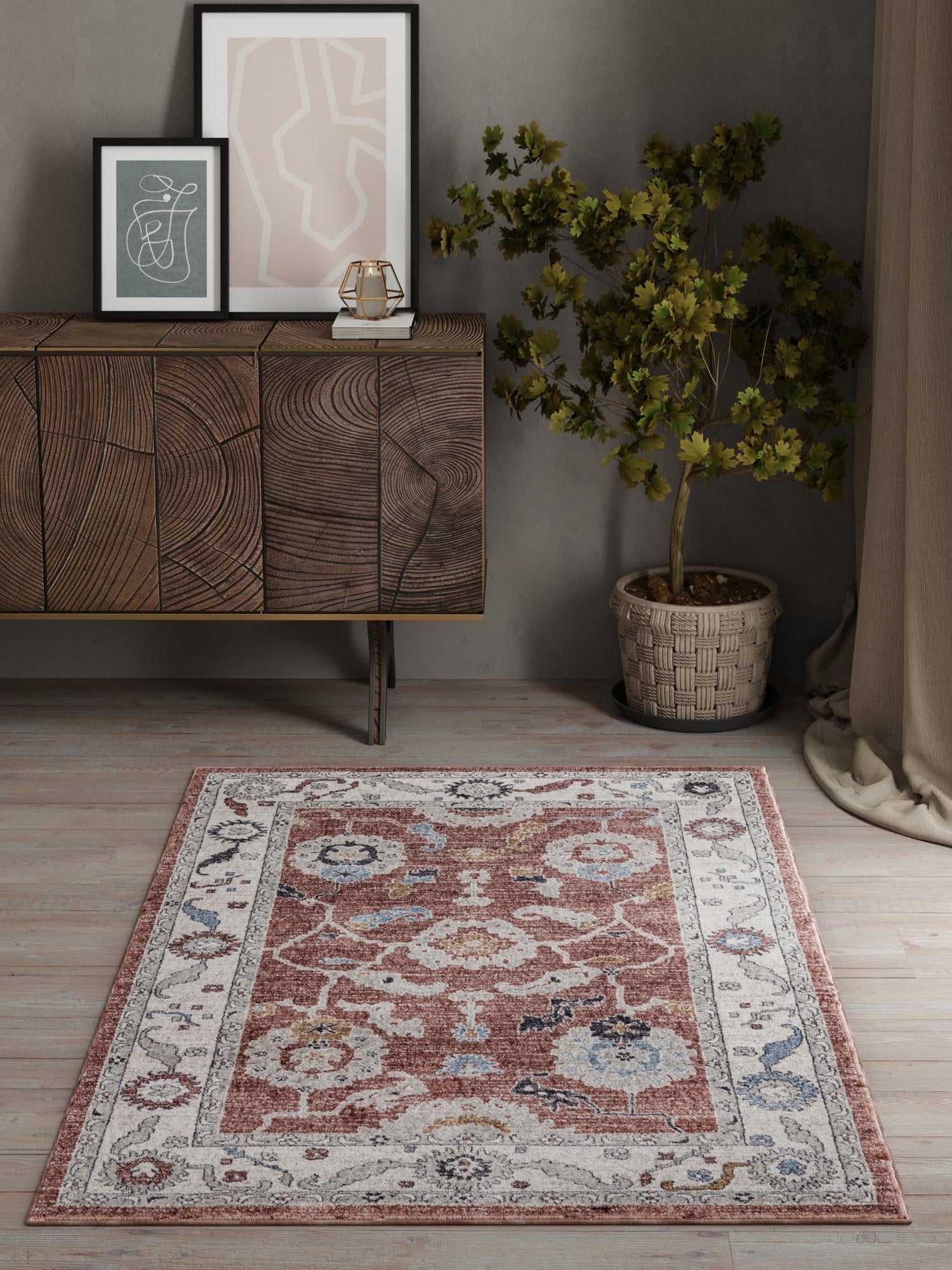 Dusty Rose 10' x 13' Eco Traditional Rectangle Area Rug 100% Recycled Space Dyed Polyester With Cotton Backing Classic Pattern Carpet for Living, Dining, Office Space for Sale at Rug Engine