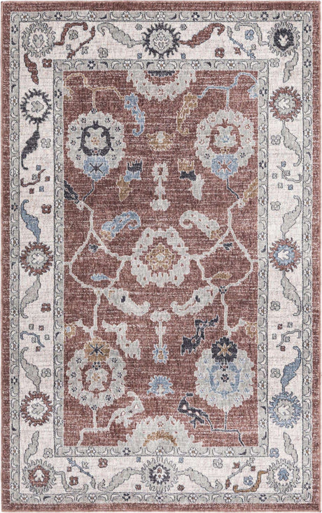Dusty Rose 5' 3 x 8' Eco Traditional Rectangle Area Rug 100% Recycled Space Dyed Polyester With Cotton Backing Classic Pattern Carpet for Living, Dining, Office Space for Sale at Rug Engine