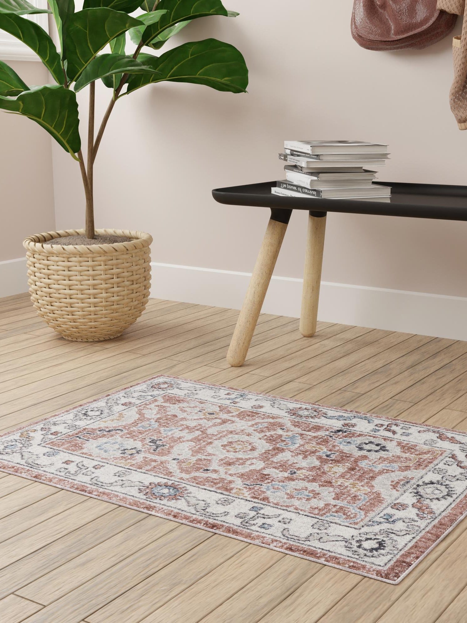 Dusty Rose 10' x 13' Eco Traditional Rectangle Area Rug 100% Recycled Space Dyed Polyester With Cotton Backing Classic Pattern Carpet for Living, Dining, Office Space for Sale at Rug Engine