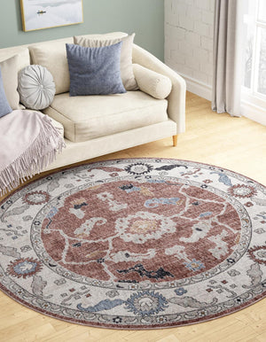 Dusty Rose 3' 3 x 3' 3 Eco Traditional Round Area Rug 100% Recycled Space Dyed Polyester With Cotton Backing Classic Pattern Carpet for Living, Dining, Office Space for Sale at Rug Engine