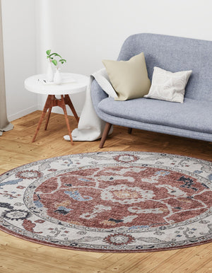 Dusty Rose 7' x 7' Eco Traditional Round Area Rug 100% Recycled Space Dyed Polyester With Cotton Backing Classic Pattern Carpet for Living, Dining, Office Space for Sale at Rug Engine