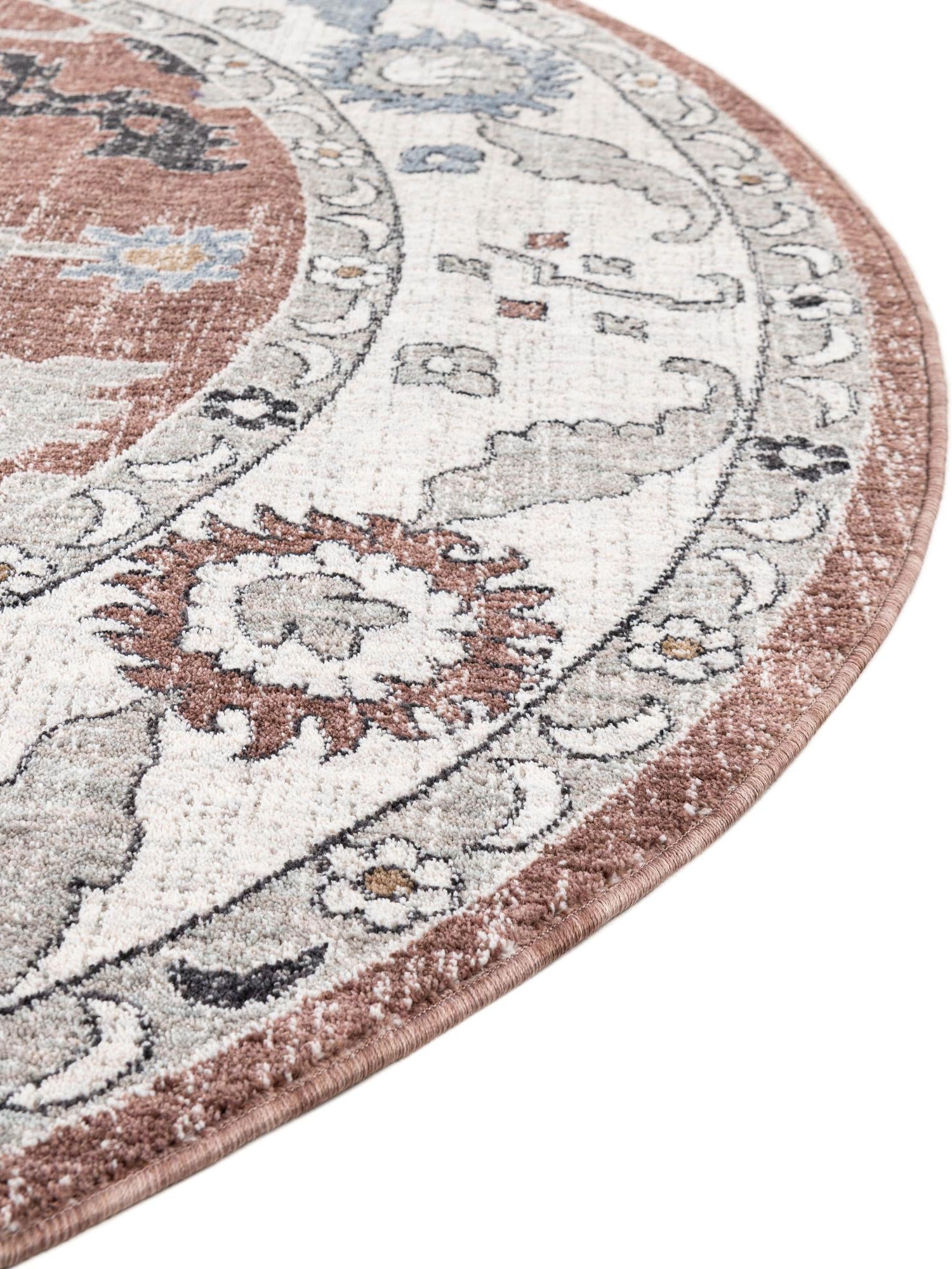 Dusty Rose 7' x 7' Eco Traditional Round Area Rug 100% Recycled Space Dyed Polyester With Cotton Backing Classic Pattern Carpet for Living, Dining, Office Space for Sale at Rug Engine