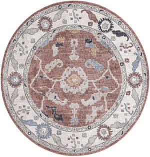 Dusty Rose 7' x 7' Eco Traditional Round Area Rug 100% Recycled Space Dyed Polyester With Cotton Backing Classic Pattern Carpet for Living, Dining, Office Space for Sale at Rug Engine